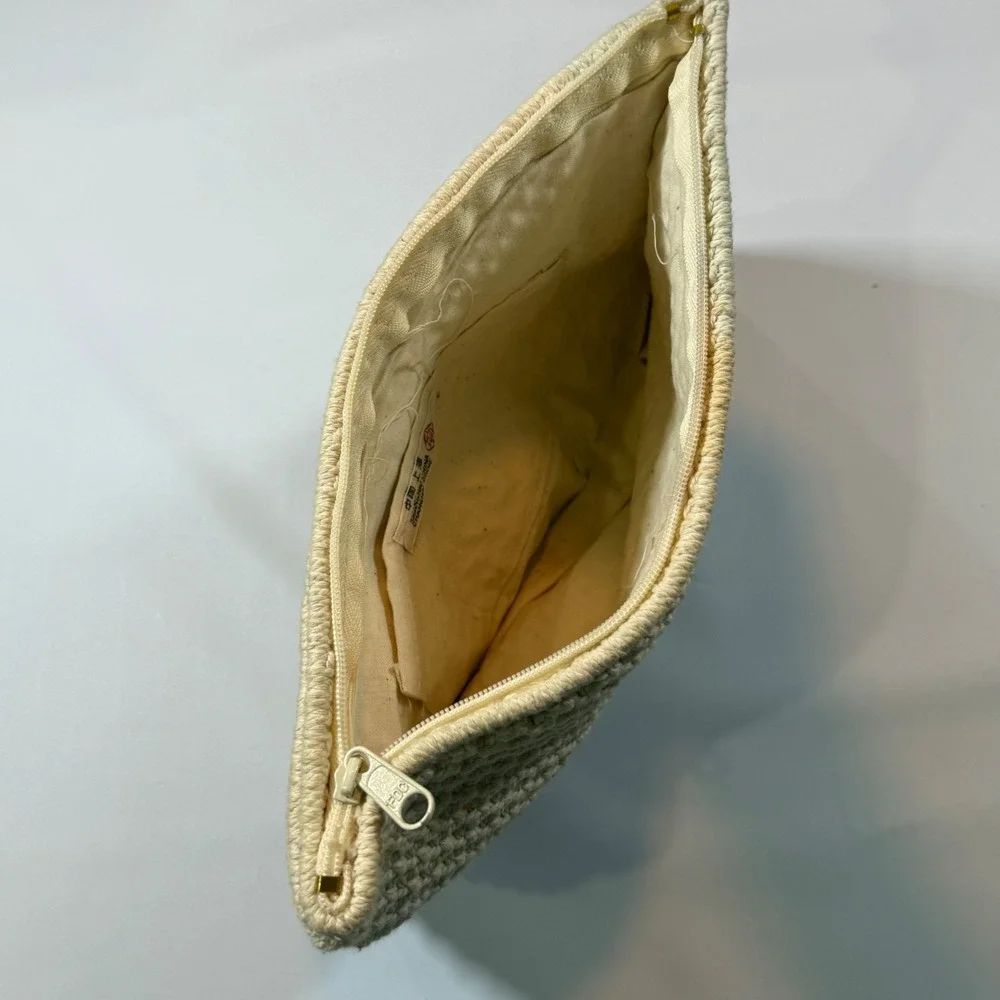 VTG Macrame Woven Wristlet Clutch Purse Bag Cream‎ Beige Boho Coastal Beachy 70s